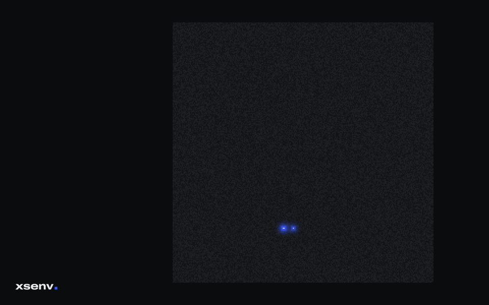 A near-black screen with a square field of dark cells right of centre; three cells near its lower part glow ultramarine. The xsenv wordmark small at the bottom left.