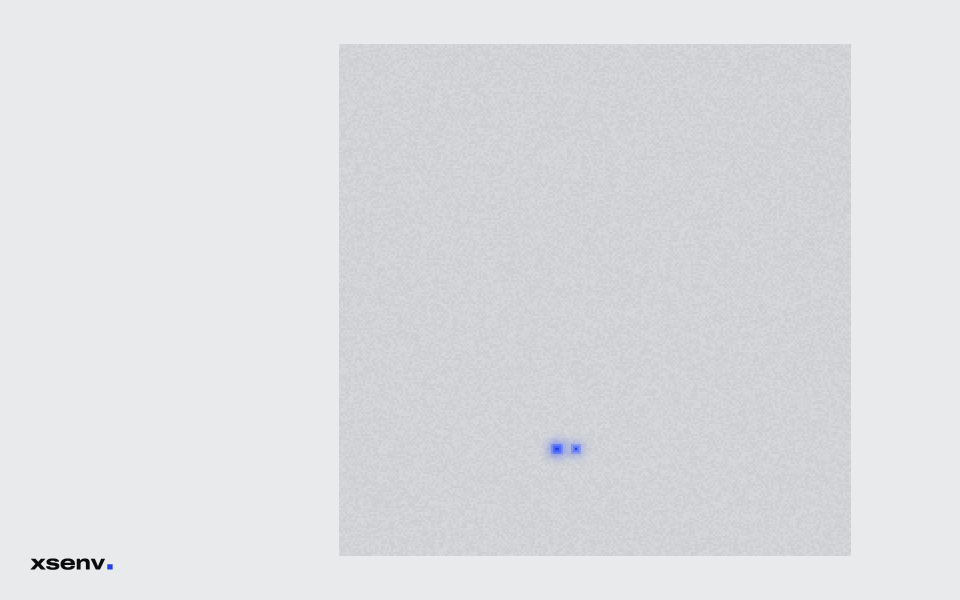 The same on grey paper: a square field of light grey cells, three of them glowing ultramarine, the wordmark in black at the bottom left.